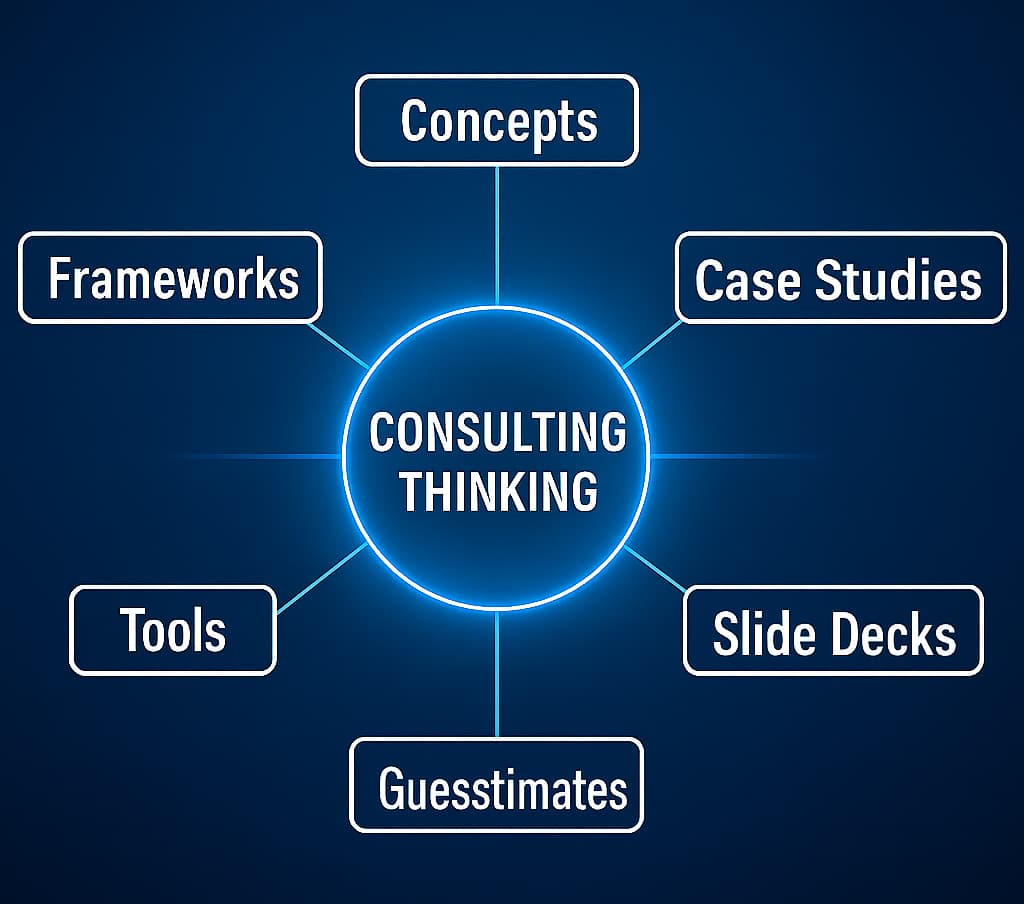 Consulting Demystified - concepts, frameworks, case studies, guesstimates, and slide decks visual diagram