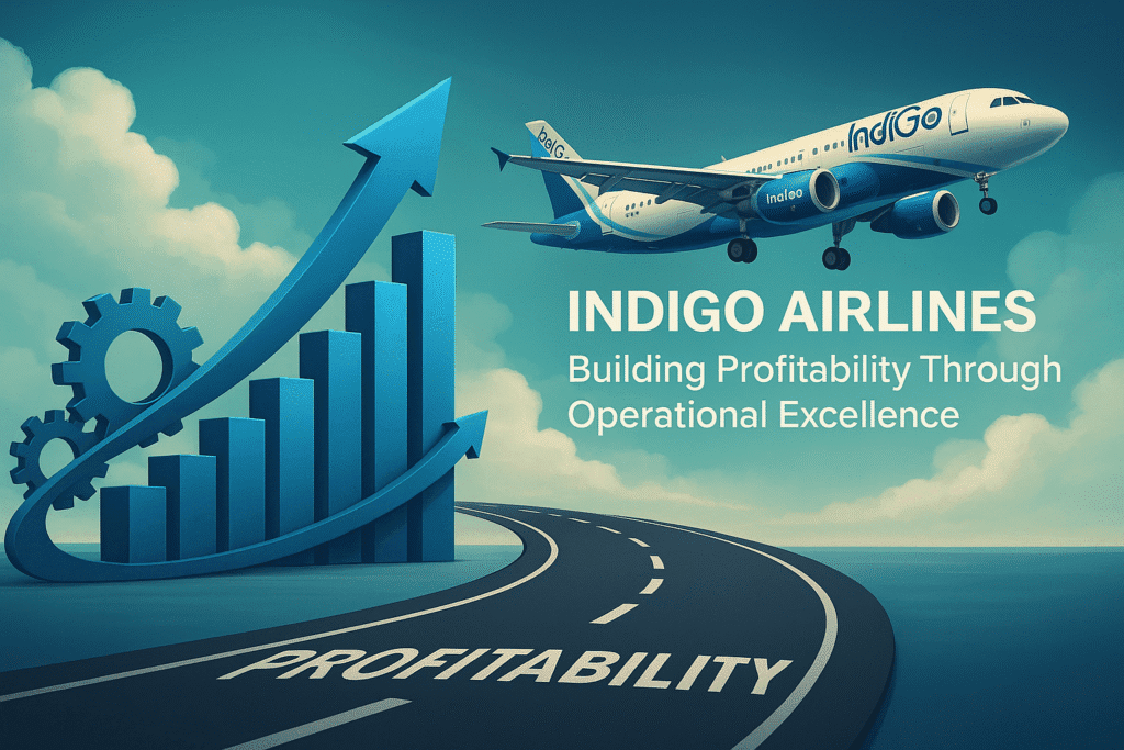 IndiGo aircraft with rising profitability chart – aviation efficiency strategy illustration
