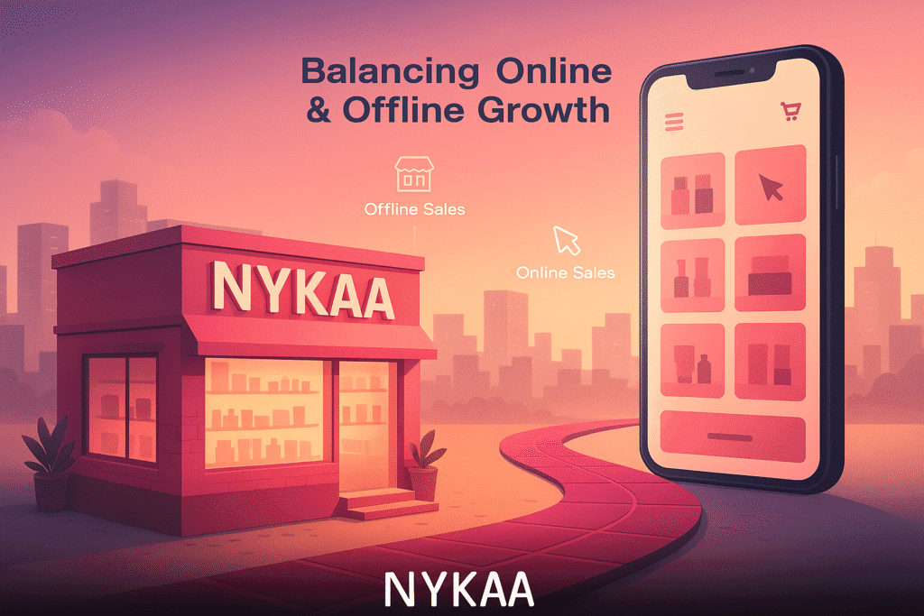 Nykaa store and mobile app illustration showing online-offline balance – omnichannel strategy graphic