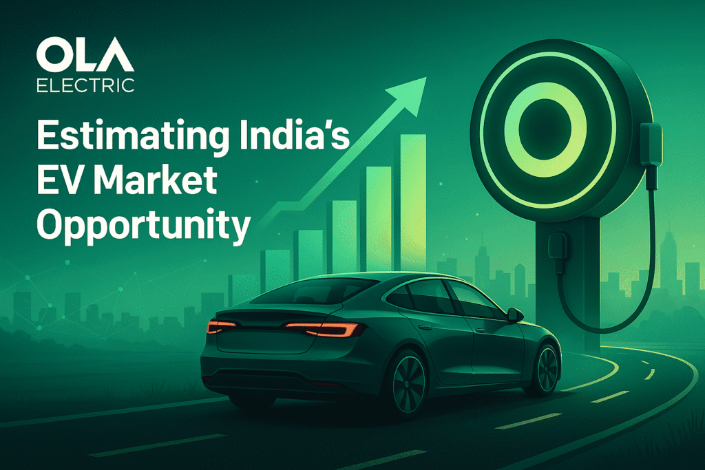 Electric car charging beside EV station with rising market curve – India EV opportunity visual.