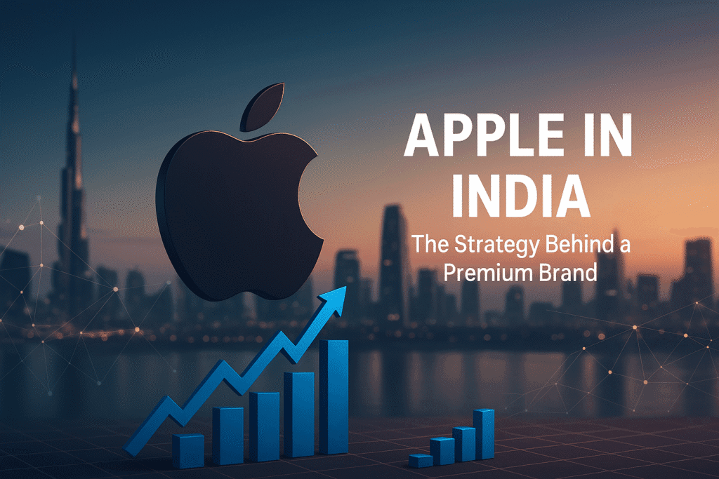 Apple logo with upward trend arrow over India skyline – premium brand strategy visual