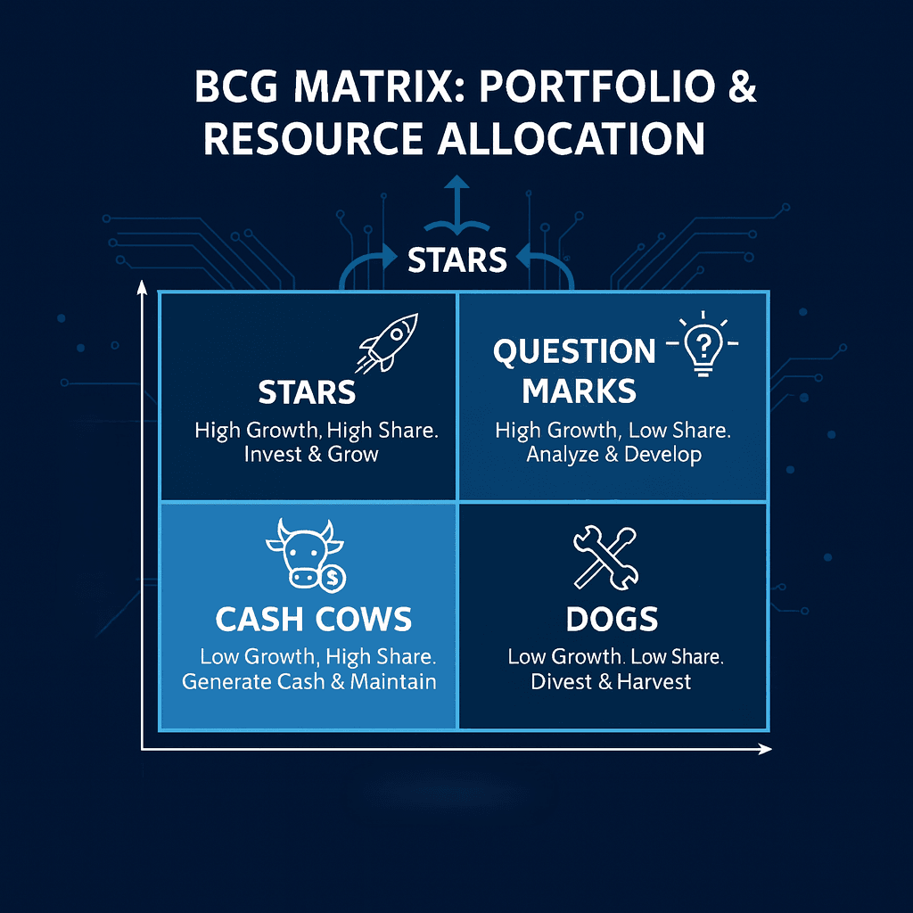 bcg matrix portfolio resource allocation stars cash cows dogs graphic