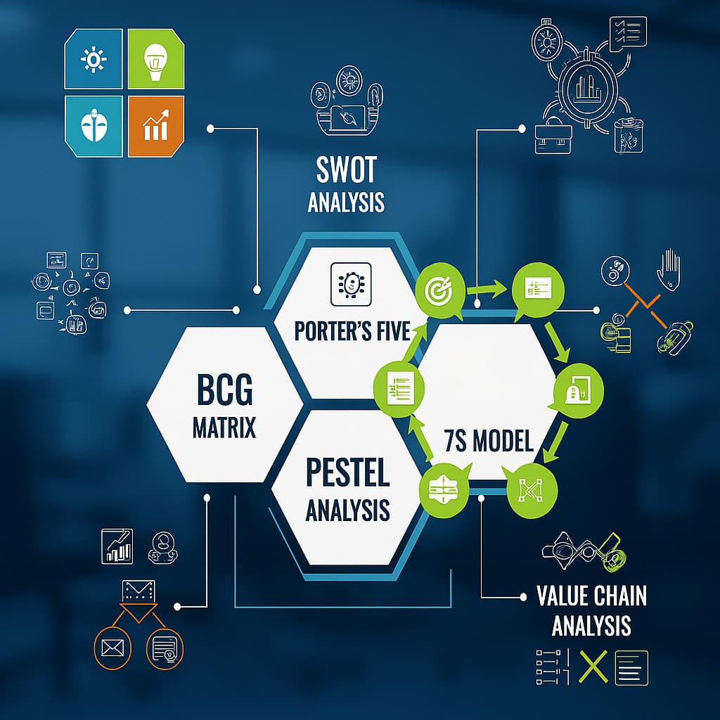 Consulting frameworks including SWOT, PESTEL, BCG Matrix, Porter’s Five and 7S model