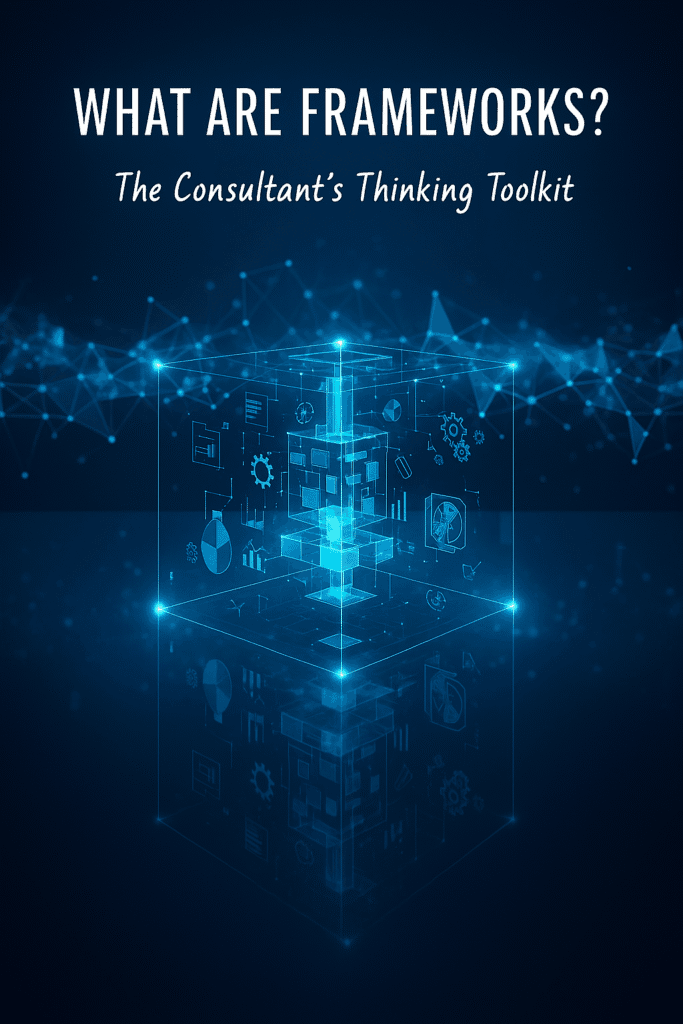 Consulting frameworks visual including SWOT PESTEL BCG and 7S