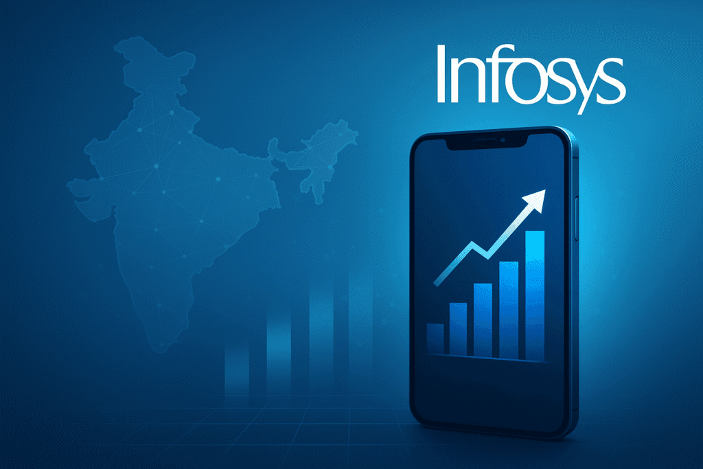 Infosys logo on smartphone with upward trend chart – organizational change management graphic