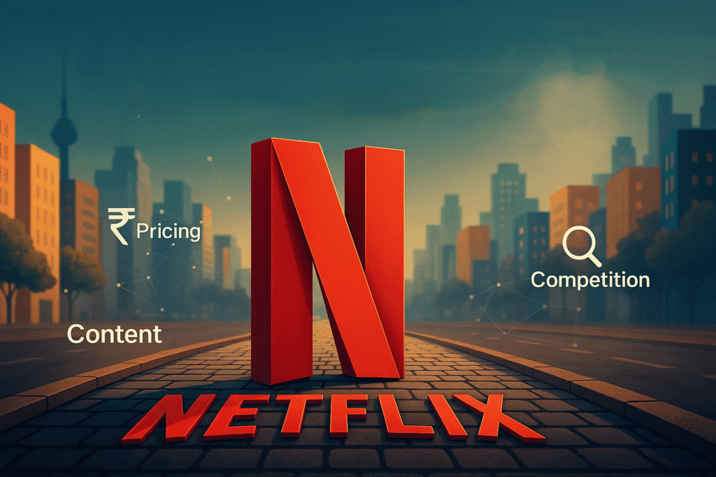 Netflix red N logo in city backdrop with pricing and competition icons – market entry strategy artwork.