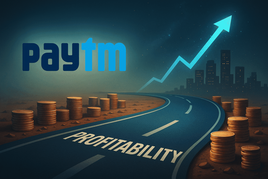 Paytm logo with profitability road and rising coin stacks – turnaround and growth case graphic.