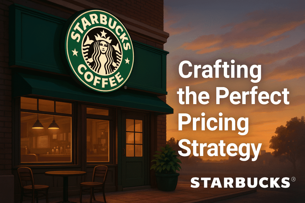 Starbucks storefront with coffee cup and pricing icons – premium pricing strategy illustration.