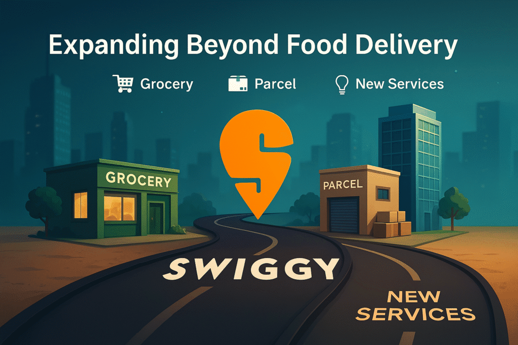Swiggy delivery icon with grocery, parcel, and new services labels – diversification strategy artwork.