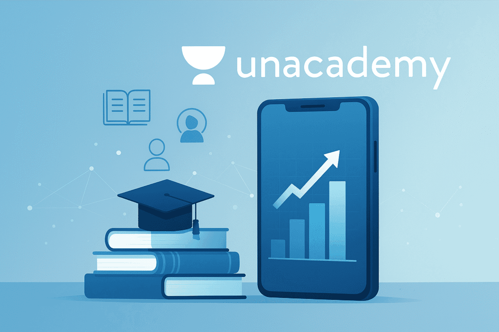 Unacademy EdTech icons with books and smartphone showing growth chart – education strategy visual