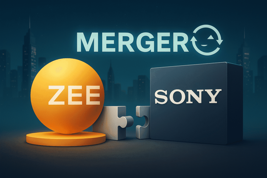 Merger puzzle spheres labeled Zee and Sony coming together – strategic alliance illustration