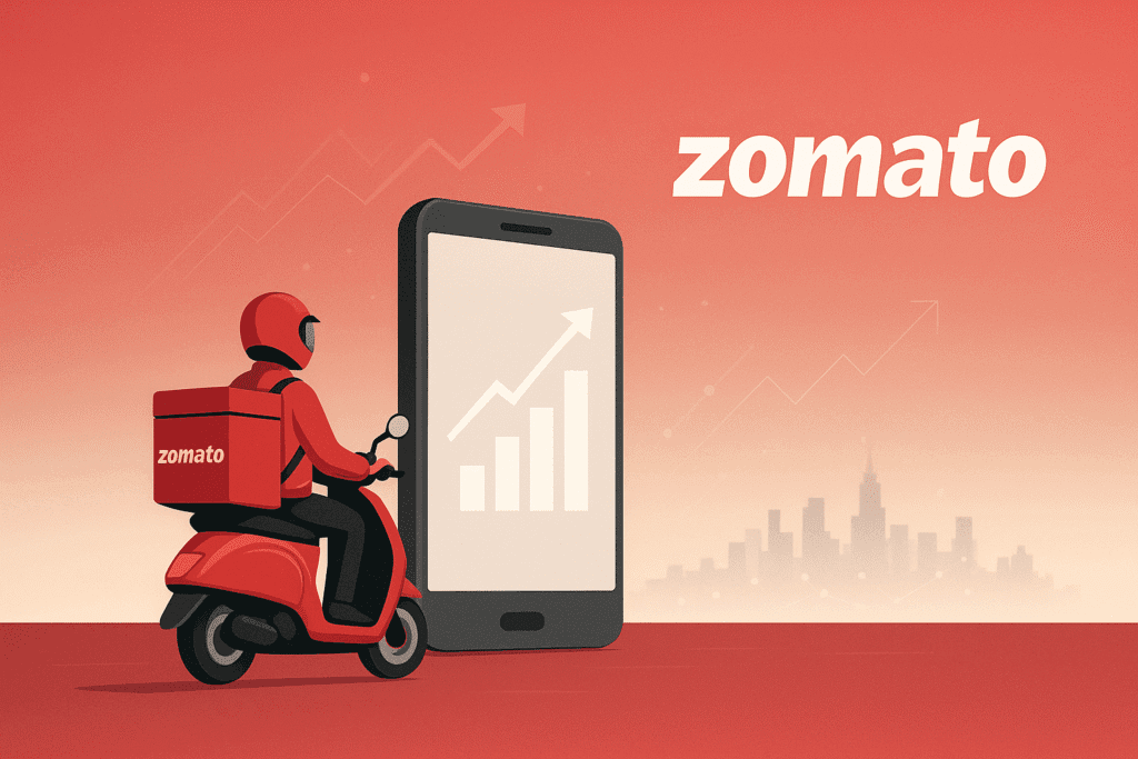 Zomato delivery rider with smartphone showing upward graph – profitability analysis illustration